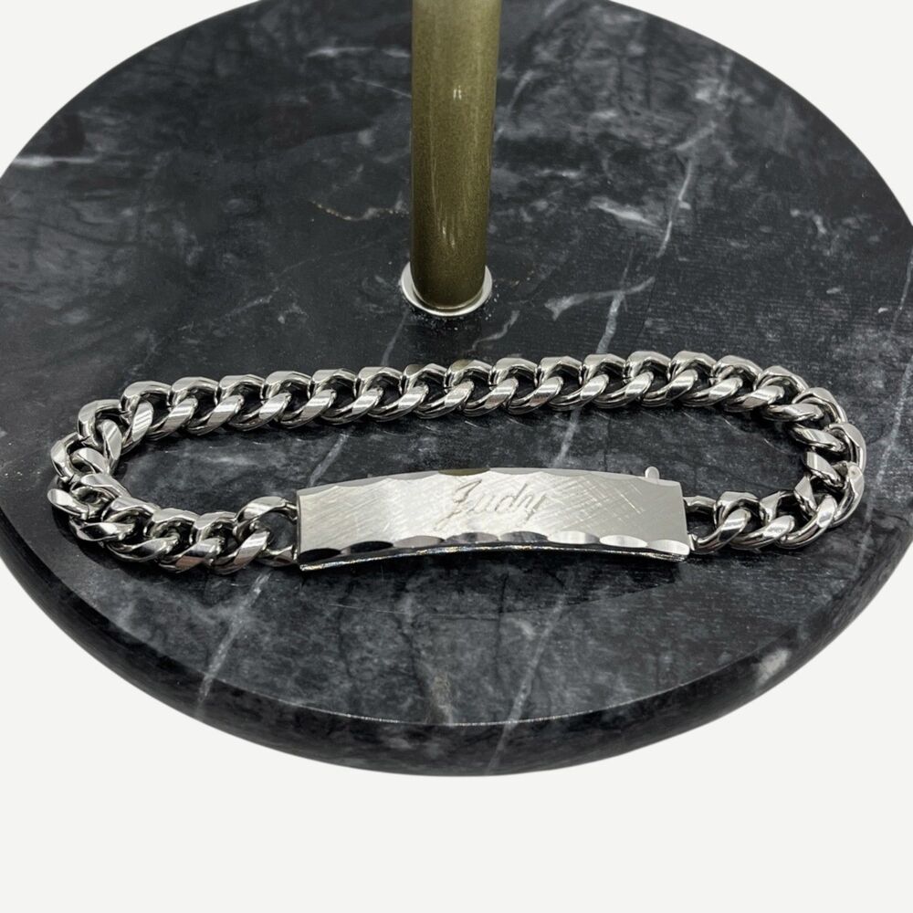 Vintage Speidel ID Bracelet Silver Tone Engraved Judy Curb Chain Rhodium Plated